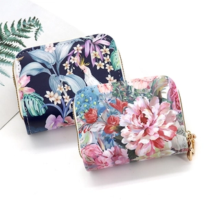 Floral print zip card holder wallet in high-capacity PU leather for women