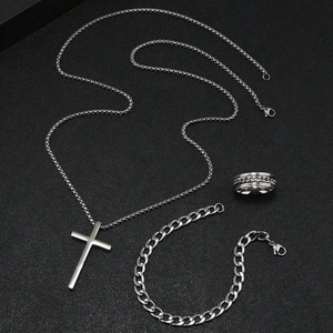 Parure bijoux 3 pièces argentée avec collier croix, gourmette et bague texturée