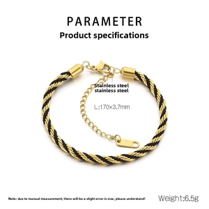 Detail of twisted gold and black rope chain bracelet with 170mm length and 3.7mm width specs