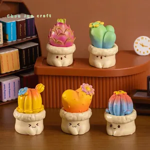 Mini Cactus Succulent Figurines Resin Cute Cartoon Expressions Gradient Colors Micro Landscape Desktop Home Office Decor