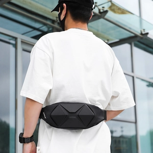 Modern black hardshell chest bag with geometric design for outdoor sports and travel