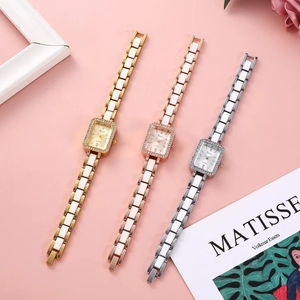 Elegant Rectangular Women Quartz Watch With Rhinestone Bezel And Alloy Ceramic Link Bracelet Fashionable Timepiece