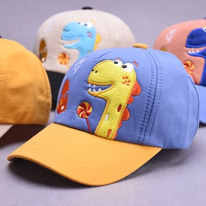 Kids baseball cap featuring cartoon dinosaur embroidery and color-blocked design