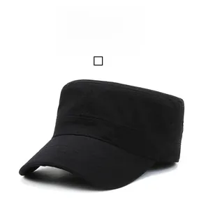 Detail of black cotton flat top army cap showing stitching on the brim and canvas texture