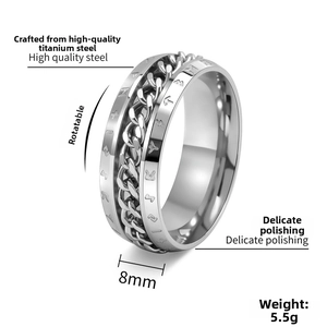 Detail view of 8mm stainless steel rotating ring with Runic symbols and Cuban chain