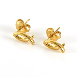 Macro view of gold-tone cross-line stud earrings with a polished mirror finish