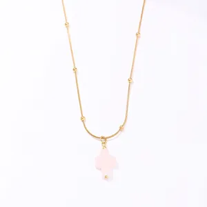 Detail of 45cm gold bead chain with 2.7cm pink stone cross pendant for women