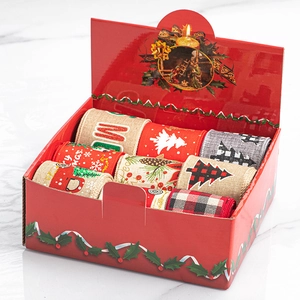 Christmas ribbon gift set featuring snowflake and plaid patterns in a red festive box