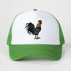 Green and white mesh trucker hat with rooster graphic print and adjustable strap for sun protection