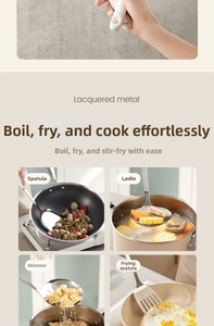 Lacquered metal kitchen utensils showing spatula, ladle, and skimmer in daily cooking use