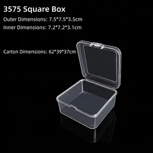 Macro view of transparent plastic storage box showing dimensions 7.5x7.5x3.5cm
