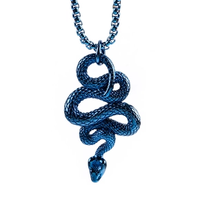 Macro detail of blue stainless steel snake pendant with polished metallic finish