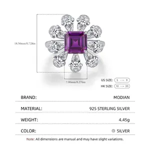 Sparkling S925 sterling silver ring with violet square gemstone and dimensions data
