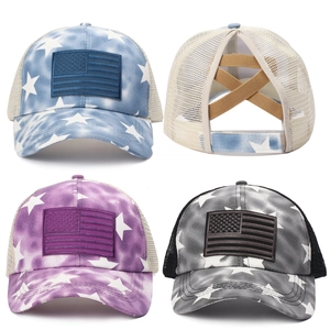 Tie-dye American flag baseball caps with mesh back and elastic criss-cross ponytail hole