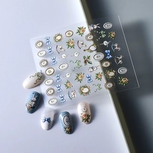 5D embossed vintage French nail stickers with floral, rabbit, and ribbon patterns