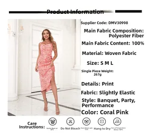 Size chart for coral pink floral midi dress with material and care instructions