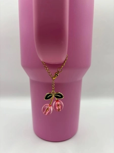 Pink cherry cup charm accessory with golden chain for handbags and backpacks