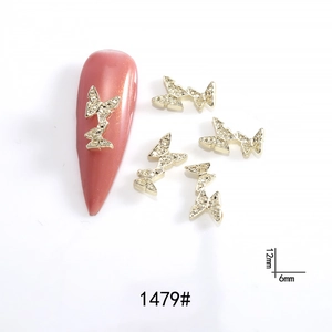 Detailed 12mm x 6mm golden butterfly nail art charms with sparkling rhinestones set