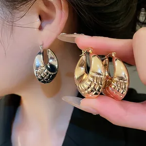 Chunky Hoop Earrings With 925 Sterling Silver Earring Post Quilted Texture Geometric Round Metal Retro Jewelry