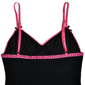 Detailed view of the pink lace trim and adjustable shoulder straps on the black camisole