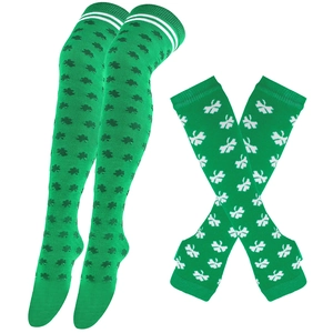 Detail of green St. Patrick's Day clover over-knee socks and fingerless gloves set