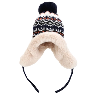 Detail of knit earflap hat with ethnic jacquard pattern and thick plush faux fur lining