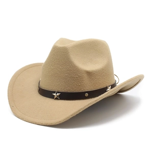 Detail of western cowboy hat featuring beige felt and leather band with metal stars