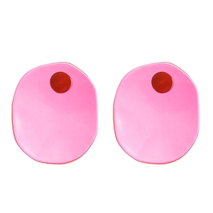 Pink candy-colored resin oval stud earrings with dark red accents on a white background