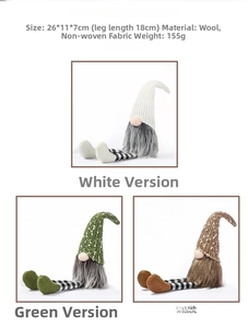 Detailed view of three knitted Christmas gnomes with long legs and size specifications