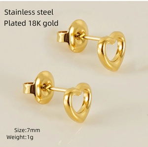Macro shot of 7mm hollow heart stud earrings in 18K gold plated stainless steel