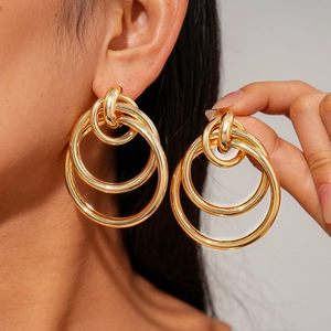 Geometric Triple Nested Hoop Earrings Metallic Hollow Round Minimalist Style For Women With Steel Earring Post