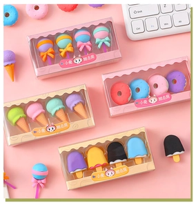 Detail of cute boxed dessert-shaped erasers including donut and ice cream designs