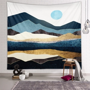 Detailed texture of abstract mountain landscape wall tapestry with golden sun design