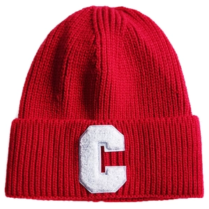 Red knit beanie featuring a white fuzzy letter C patch and trendy folded cuff
