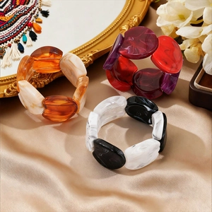 Vintage acrylic marble resin elastic bracelet set in orange, red, and black patterns