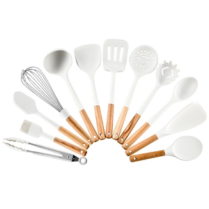 12-piece cream silicone kitchen utensil set with wooden handles on white background