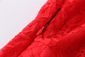 Macro shot of fine red lace fabric texture and concealed zipper detail on dress