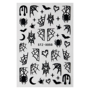 Halloween nail art stickers featuring black spider webs, bats, and hearts on a white base