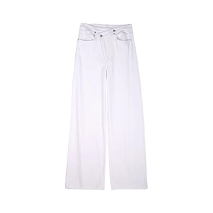White high-waisted wide-leg denim jeans with asymmetric cross-waist button closure