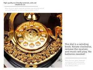 Detail of vintage rotary telephone music box with intricate rose relief and golden dial