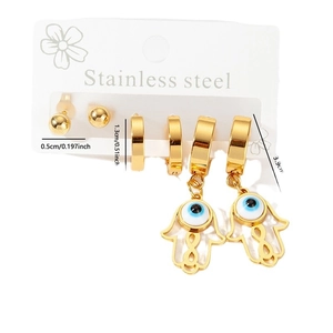 Three-piece stainless steel earring set with golden hoops, studs, and Hamsa evil eye charms