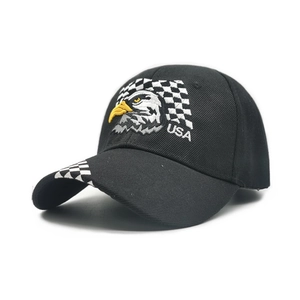 Black cotton baseball cap with USA embroidery and eagle design shown from side angle