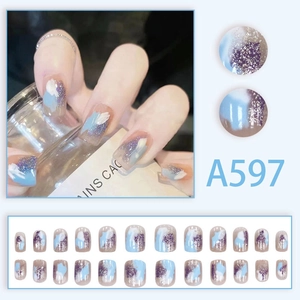 Short square press-on nails with blue and purple abstract gradient and glitter set of 24