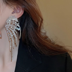 Close-up of sparkling silver tassel earrings with crystal rhinestones on a model