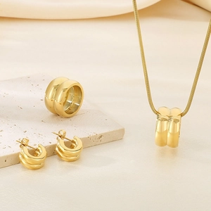Stainless Steel Necklace Earring And Ring Jewelry With Double Round Pendant Snake Bone Chain Minimalist Fashion For Women