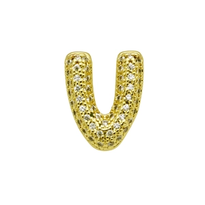 Detail of gold letter U charm with pavé-set sparkling white stones for DIY jewelry