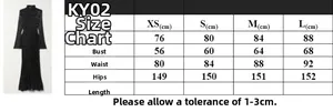Detailed size chart for mesh long sleeve rhinestone dress with measurements from XS to L