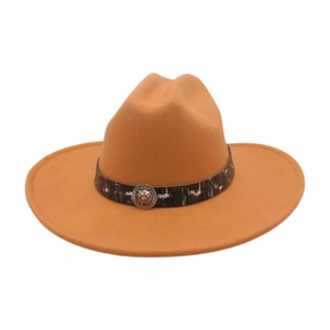 Macro shot of wide brim camel felt hat with leather strap and lion head metal buckle