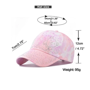 Detailed sizing chart for pink tie-dye baseball hat with rhinestone bear, showing dimensions