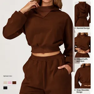 Women's dark brown cropped hoodie and joggers set with stylish ribbed cuffs and hood